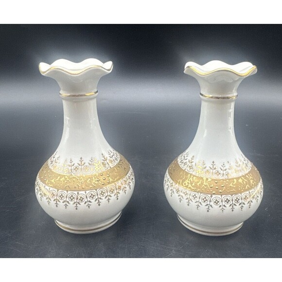 VTG Lefton Vanity Set 1752 White Hand Painted w/ Gold Trim Powder Vases/Bottles - Picture 7 of 12